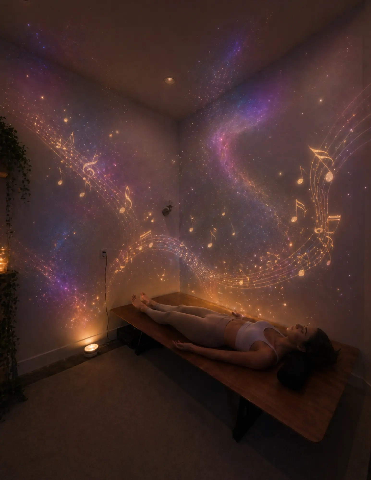 A guest resting on the Frequency Lounge sound bed under a projected starfield at 3B Movement